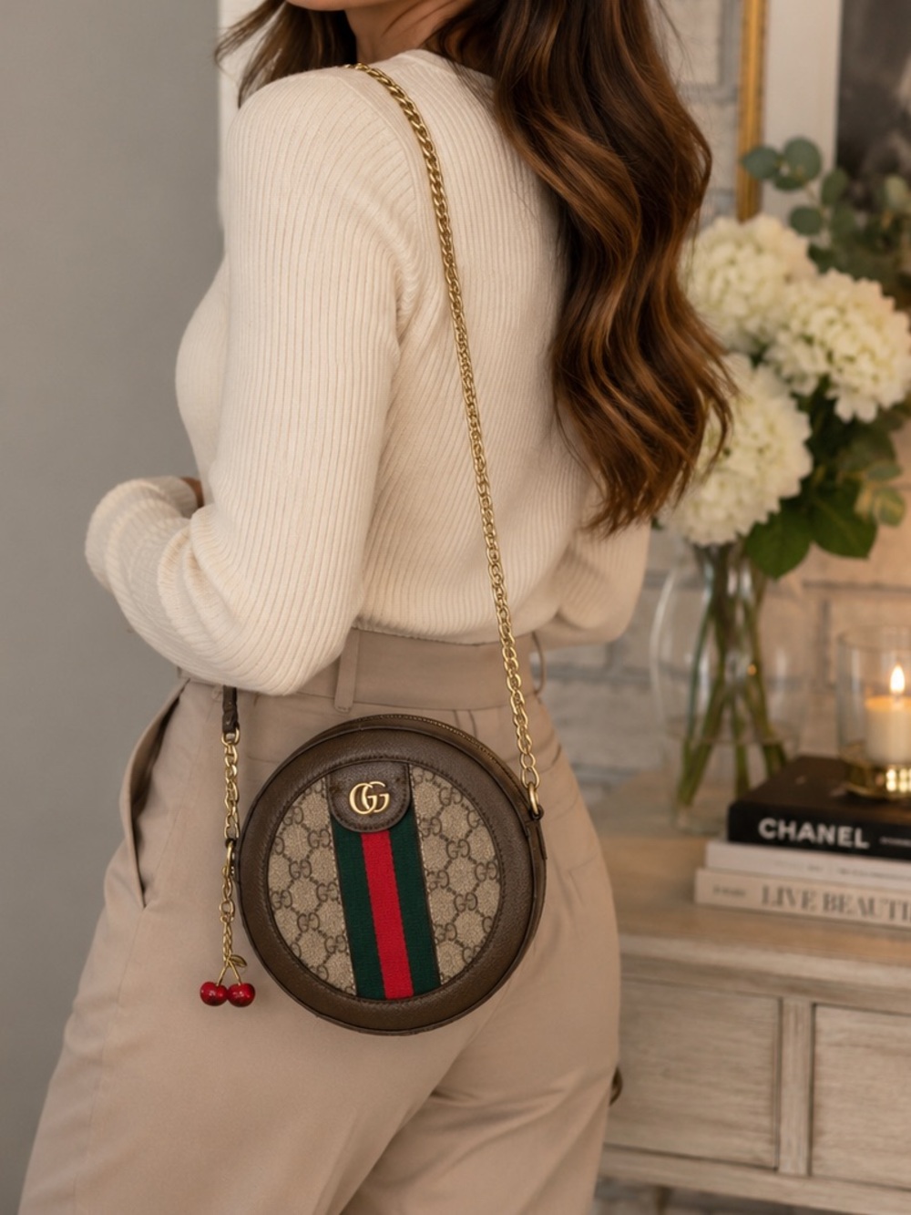 FASHION  Brown GG Supreme Round Crossbody with Green-Red Stripe and Cherry Charm